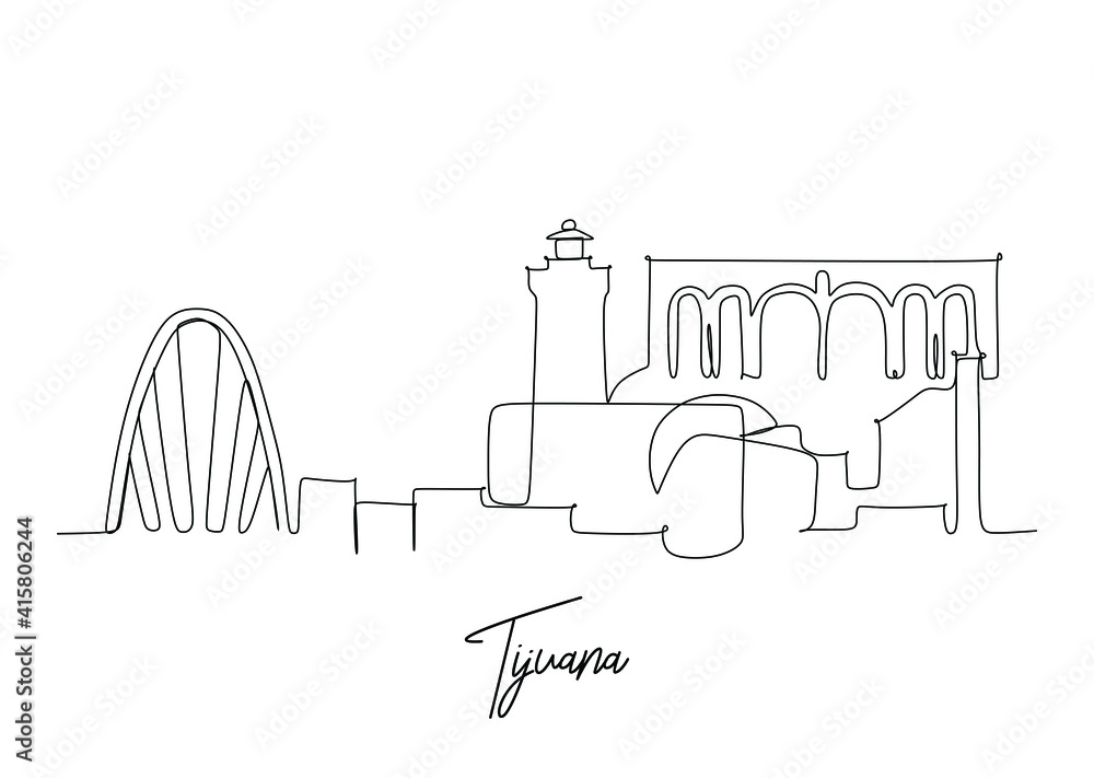 Tijuana city of Mexico landmarks skyline - Continuous one line drawing