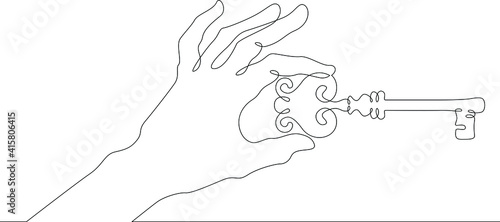 Hand brush palm holds a metal key from the lock with his fingers. One continuous drawing line  logo single hand drawn art doodle isolated minimal illustration.