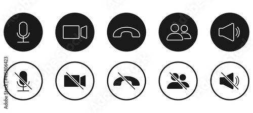Set of Video call icons. Video conference. Collections buttons of on-line video chat app, internet talk, call technology. Web app ui display template. Videoconferencing and online meeting workspace