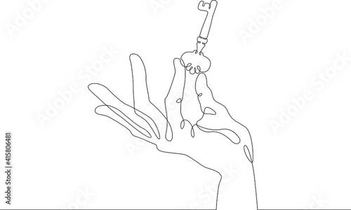 Hand brush palm holds a metal key from the lock with his fingers. One continuous drawing line  logo single hand drawn art doodle isolated minimal illustration.