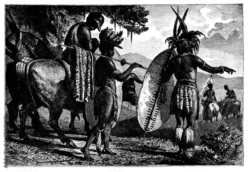 Zulu people warriors on the move.Culture and history of Africa. Vintage antique black and white illustration. 19th century.
