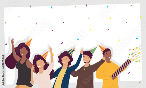 group of five persons celebrating birthday characters