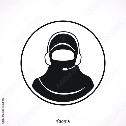 Call center operator with headset web icon design. Client services and communication, customer support, phone assistance, information. Illustration vector of arab or muslim women.