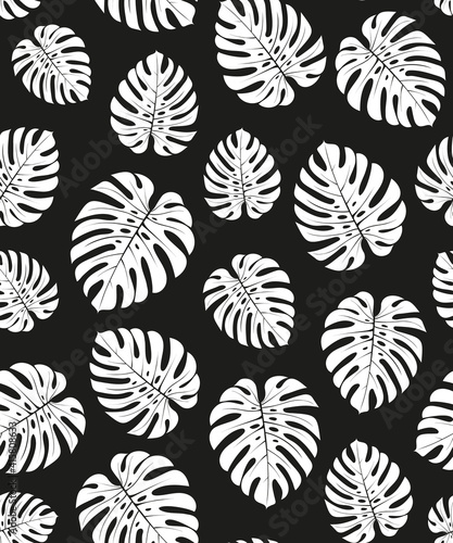 Random Placed Vector Palm Leaves Seamless Pattern with Black Background.