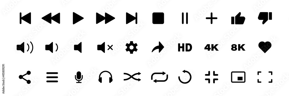 video media player icons vector set. multimedia music audio control. mediaplayer interface symbols. play, pause, mute sign. isolated on white background - obrazy, fototapety, plakaty 