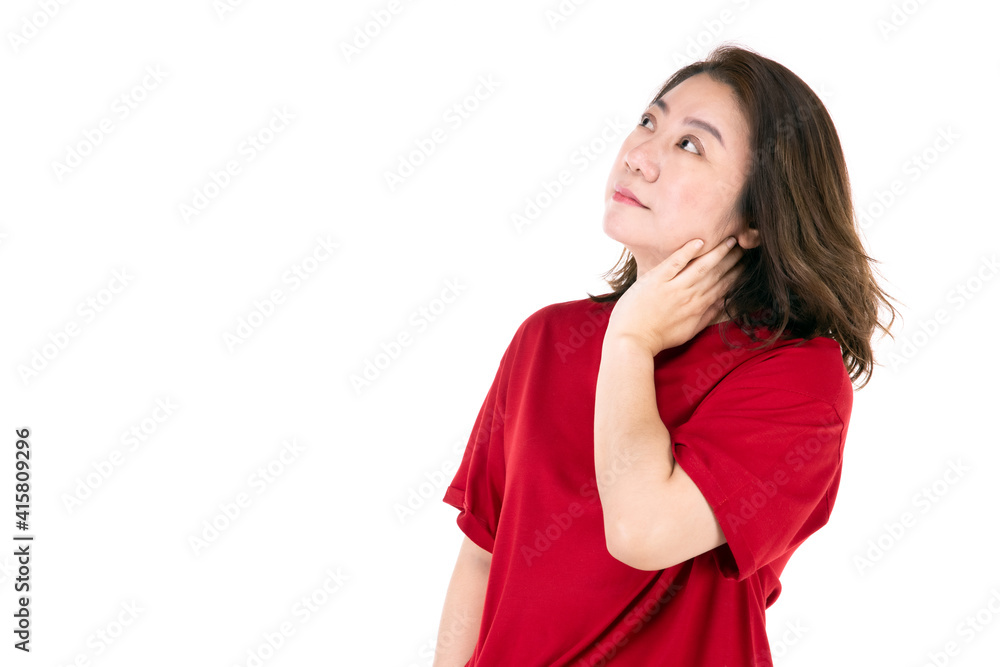 Portrait of middle age 40s Asian woman Thinking and looking up Isolated on white background Portrait of middle age 40s Asian woman Thinking and looking up Isolated on white background