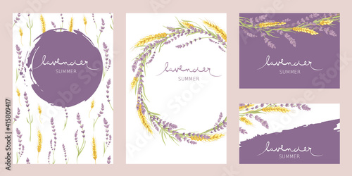Cards for Wedding invitation.  Set vector design elements, wreaths of lavender and wheat ears, calligraphy lettering.