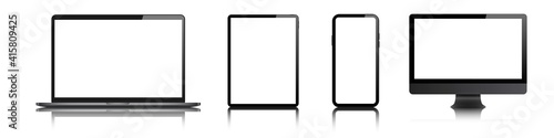laptop, desktop computer, tablet, mobile smartwatch blank screen vector mock up. realistic pc, pad, smartphone smart watch empty screen mockup.  isolated gadget set on white background