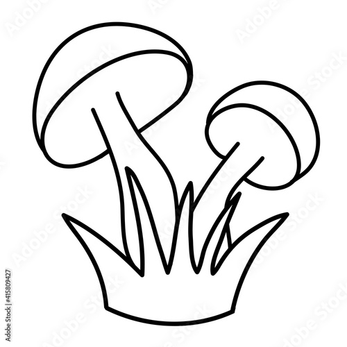 Two mushrooms in a bunch of grass, black and white hand drawn doodle vector