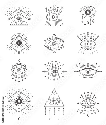 Evil eye icon set vector. Eye of providence and esoteric symbols. Magic sign for tarot carts. Witchcraft talisman, alchemy and magic tattoo illustration in line style. Lucky souvenir