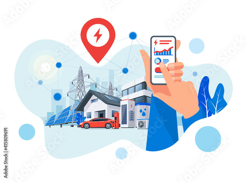 Smartphone with electricity energy control usage monitoring app. Sustainable renewable power plant system storage station with electric car charging solar panels, wind, high voltage power grid city.