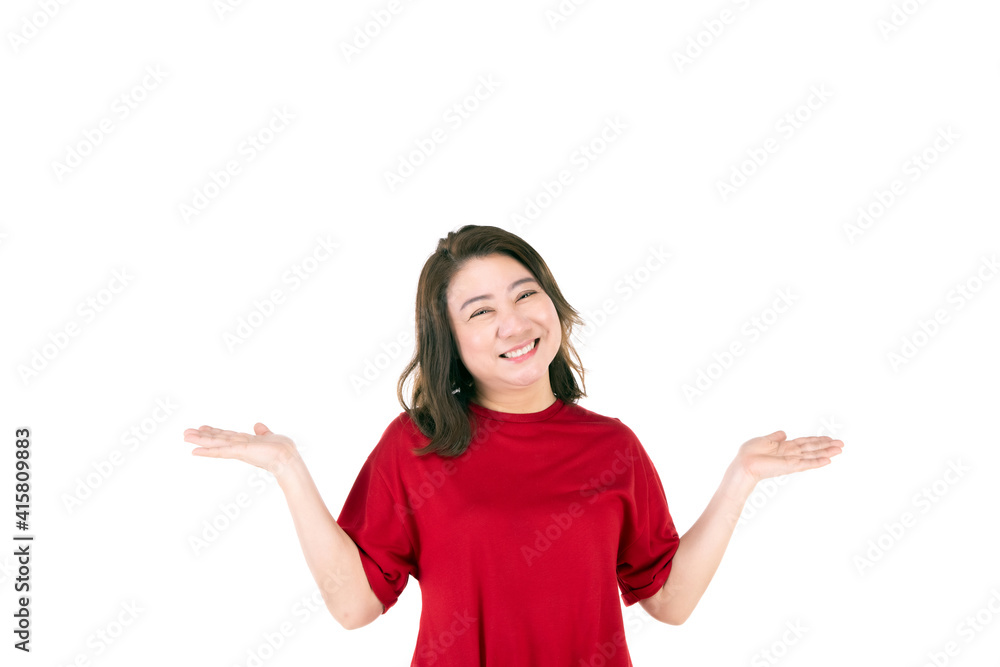 Portrait of middle age 40s Asian woman Raise your hands to both shoulder level. Isolated on white background Portrait of middle age 40s Asian woman Raise your hands to both shoulder level. Isolated on white background