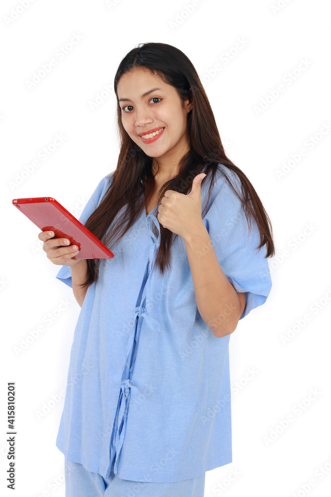 Isolated portrait of long hair beautiful woman smiling and showing tablet on white background. Business and medical concept. Isolated portrait of long hair beautiful woman smiling and showing tablet on white background. Business and medical concept.