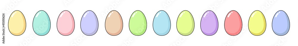 Happy Easter long set with a dozen Easter painted eggs. Fun holiday elements in bright colors - pink, blue, yellow, green, lilac, purple, mint and coral. Square format, vector flat illustration Happy Easter long set with a dozen Easter painted eggs. Fun holiday elements in bright colors - pink, blue, yellow, green, lilac, purple, mint and coral. Square format, vector flat illustration