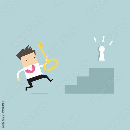 Businessman holding key and running to unlock keyhole.