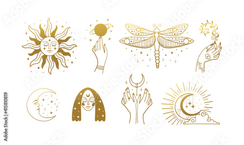Bundle of boho logos in gold. Vintage esoteric elements for astrology, dragonfly, moon and sun, face, female hands. Vector line illustration isolated on white background.