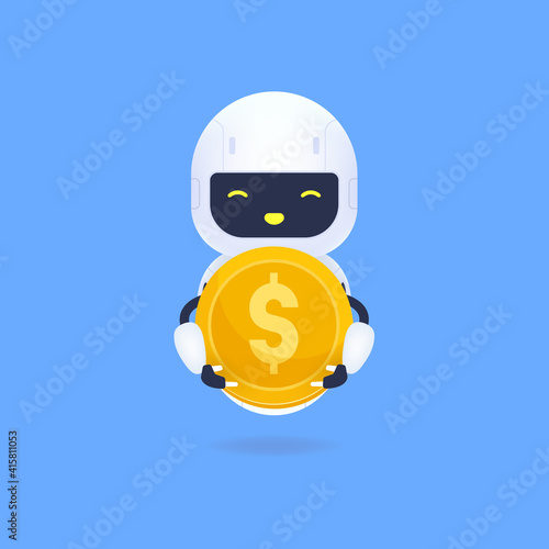 White friendly robot holding a gold coin.