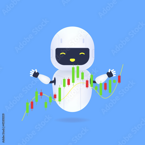 White friendly robot with forex charts. The trading robot monitors the movement of the stock value on the candlestick chart.