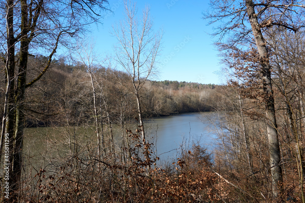 artificial lake with a frozen surface surrounded by trees in the forest artificial lake with a frozen surface surrounded by trees in the forest