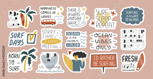 Set of cute surfing scenes in stickers.
