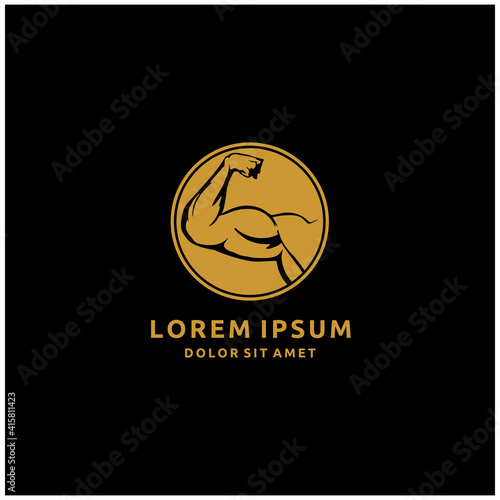 A Strong Arm Showing its Biceps Muscle Isolated Golden Circular Logo Label Stamp Vector Illustration