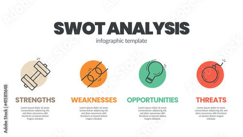 Infographic template designed with linear icons and editable  SWOT Analysis concept text box has four elements  for business plan. The presentation layout in colorful paper style.