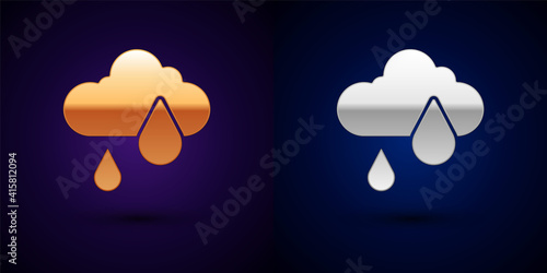 Gold and silver Cloud with rain icon isolated on black background. Rain cloud precipitation with rain drops. Vector.