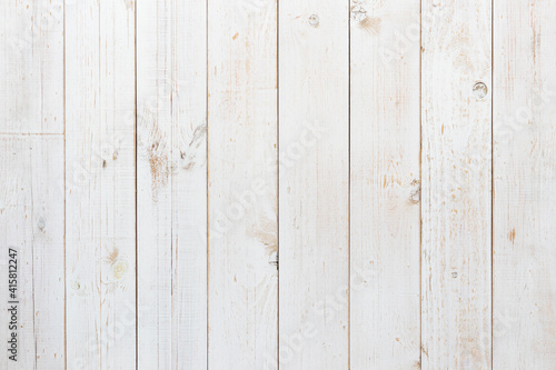 Pine wood plank texture in vertical rows painted with white color for use as wood pattern, background, backdrop, table top, wall plank, floor plank, etc.