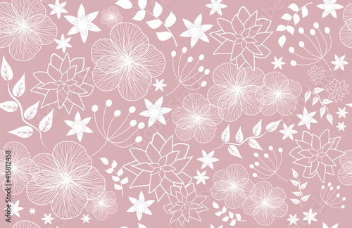 Wallpaper Mural Seamless pattern with white flowers and leaves on a pink background. This seamless pattern would look great on gift wrapping paper, as a background, texture. Torontodigital.ca