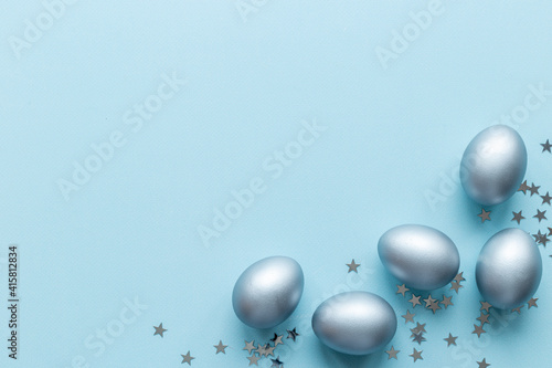 Silver Easter eggs with decoration. Wealth and good luck concept.