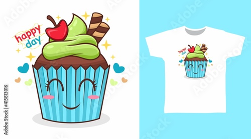Cute chocolate cupcake cartoon illustration t-shirt design vector