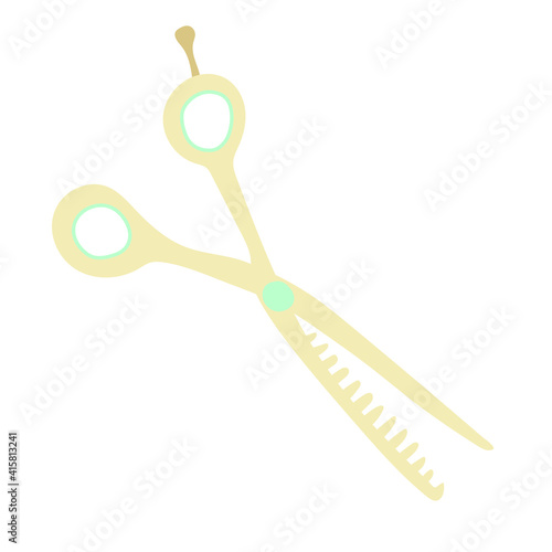 Hand-drawn hairdressing, tools, thinning scissors. Vector set of accessories for a beauty salon isolated on white. Cute baby flat cartoon style. Hair cutting and styling. Hair, barber, barbershop
