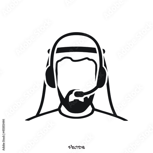 Illustration vector of arab or muslim people man. Call center operator with headset web icon design. Client services and communication, customer support, phone assistance, information. 