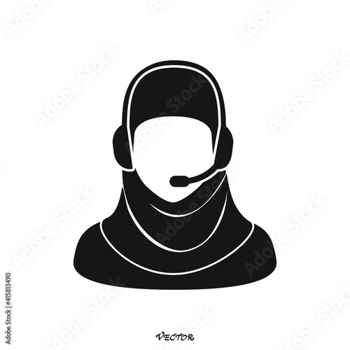 Call center operator with headset web icon design. Client services and communication, customer support, phone assistance, information. Illustration vector of arab or muslim women.