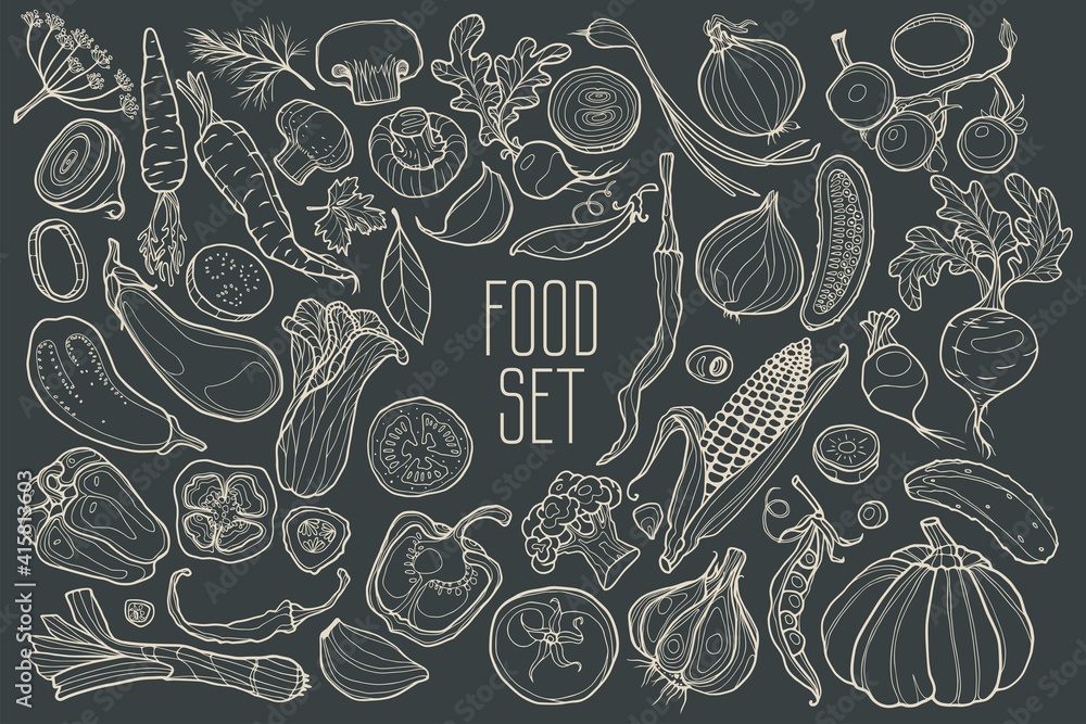 Hand-drawn vegetables. Set for menu decoration. Cartoon. Simple stylized shapes. Black and white. To decorate the menu.