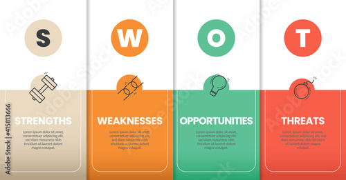The colorful presentation layout is paper style  Infographic design template has four elements with linear icons and editable text in SWOT Analysis concept for data analytic business plan. 