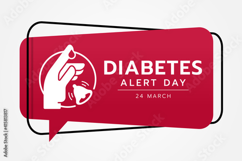 Diabetes alert day banner with Hand blood drop and Bell chime alarm sign in red Speech bubble vector design