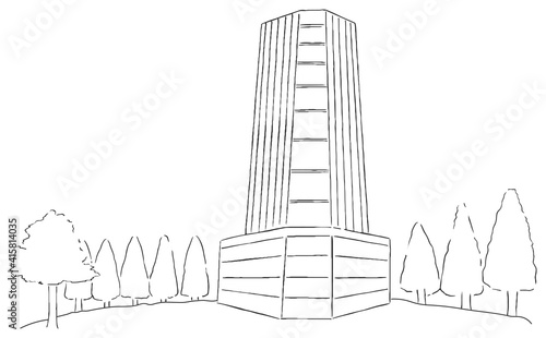 マンションを中心に緑豊かな街並みの手描き線画イラスト