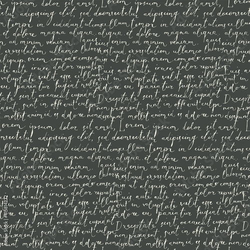 Vector seamless pattern with handwritten text Lorem Ipsum on a black background in retro style. Abstract old manuscript. Suitable for wallpaper, wrapping paper, textiles, fabric, backdrop
