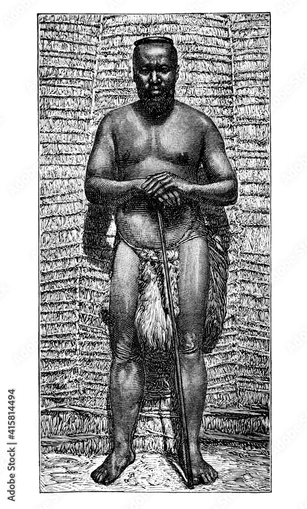 Obraz premium King Goza, African Bantu people. Culture and history of Africa. Vintage antique black and white illustration. 19th century.