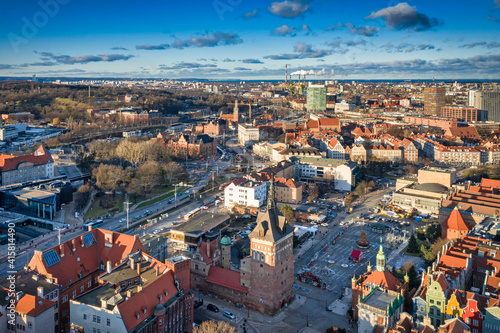 Aerial view of the old town of Gdansk with beautiful architecture at sunny day, Poland