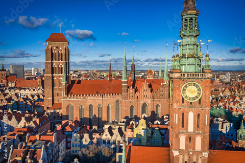 Aerial view of the old town of Gdansk with beautiful architecture at sunny day, Poland