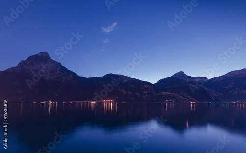 Night panorama. Alps mountains. Lake Uri. Switzerland.