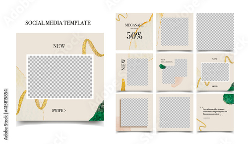 Social media template. Sale promotion. Editable square post frame puzzle. Instagram and facebook editable post. Beije, grey, white, gold, green, yellow vector background.