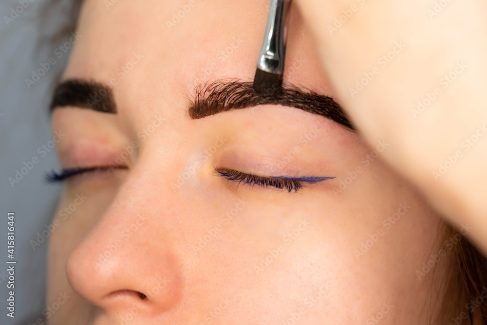 Young Caucasian Woman on the brow beauty procedures. Professional care for face. Brows coloring, wax and lamination. 