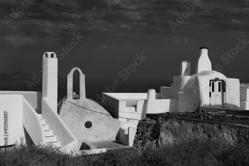 The black and white cityscapes of Santorini. Sunny Greece.