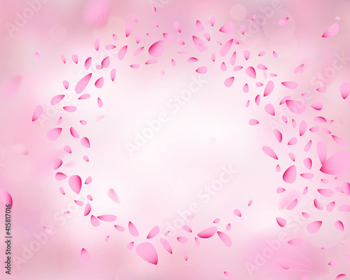 Swirling pink flower petals in the wind, with bokeh and blurred effect. 3D illustration.