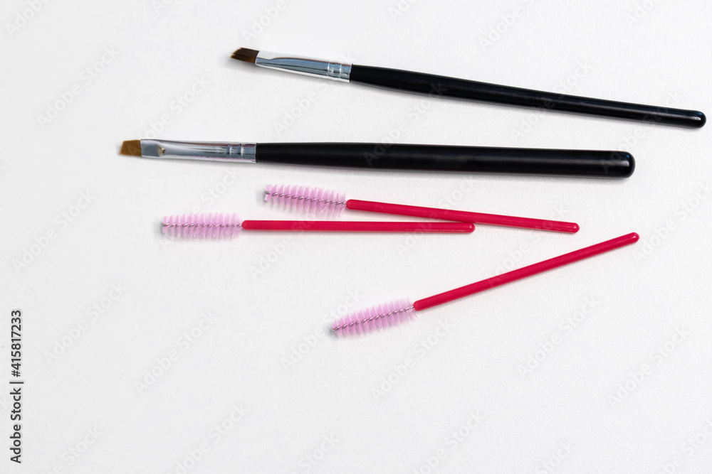 Brow master instruments. Brushes for brows coloring, lamination and waxing. Professional care for face and beauty procedures. 