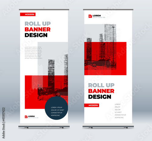 Red Business Roll Up Banner. Abstract Roll up background for Presentation. Vertical roll up, x-stand, exhibition display, Retractable banner stand or flag design layout for conference, forum.