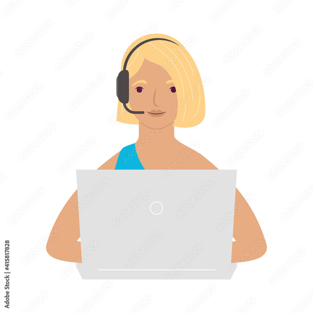 young woman using laptop and headset online learning